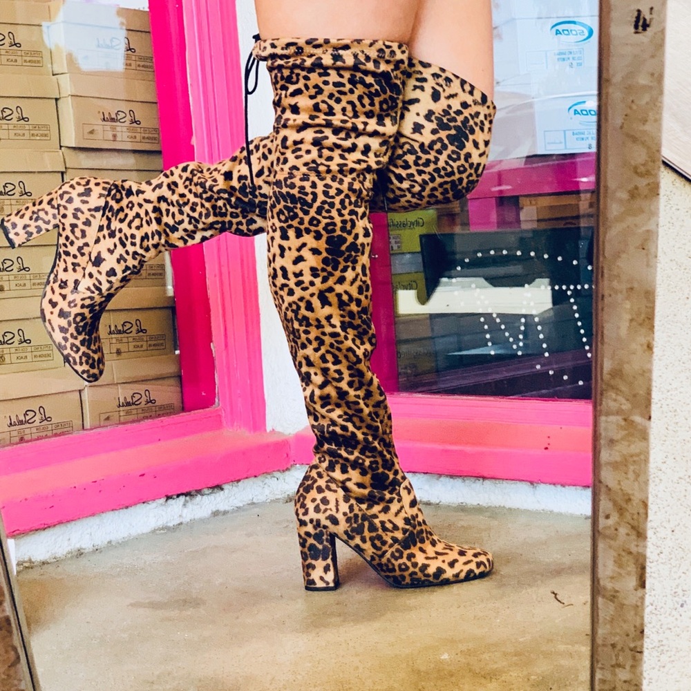 Soda Shoes Leopard Suede Over The Knee Heel Boots